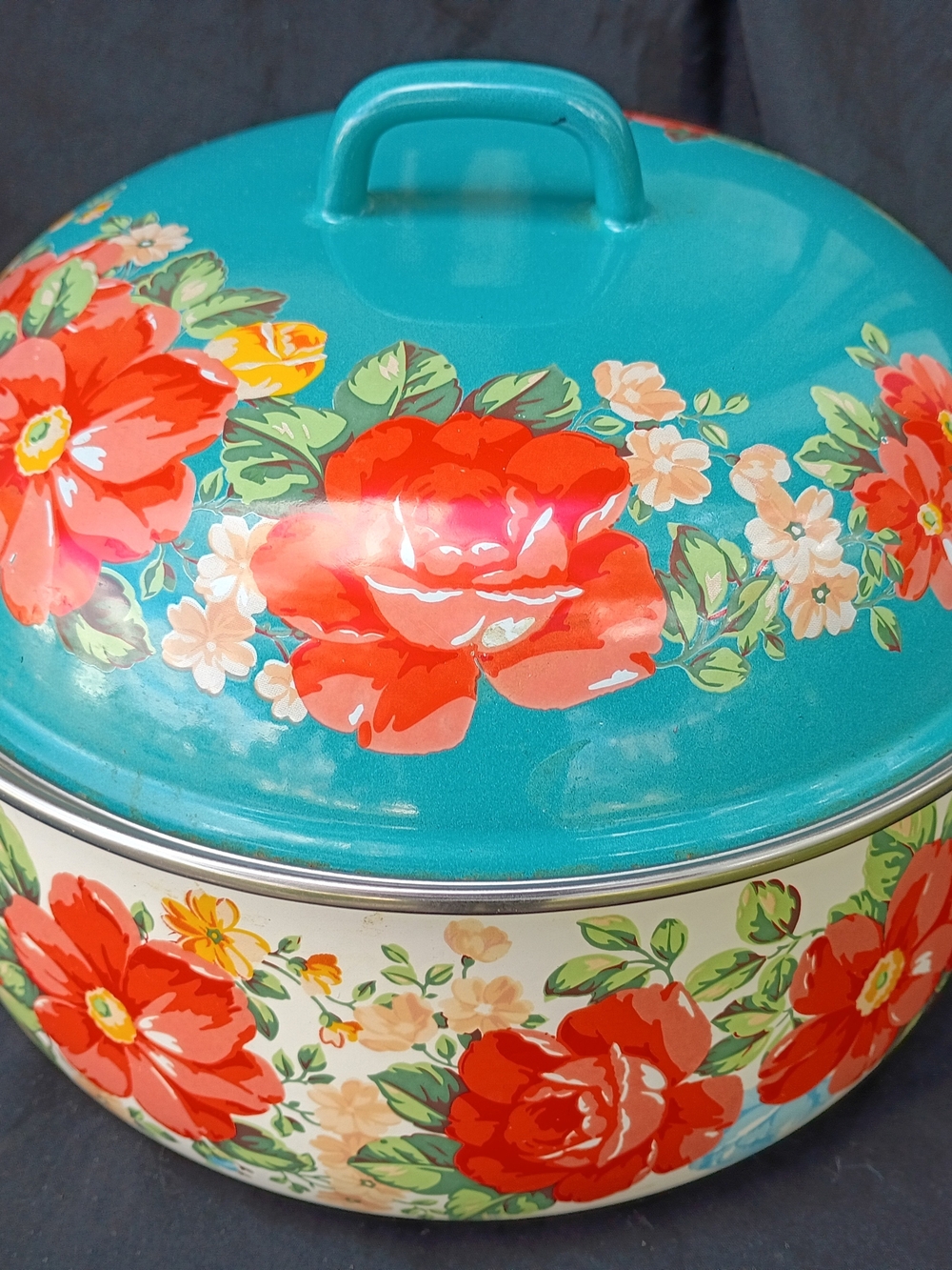 The Pioneer Woman 4 QT Sock Pot Vintage Floral With Lid Floral Enamel Steel 3.7L